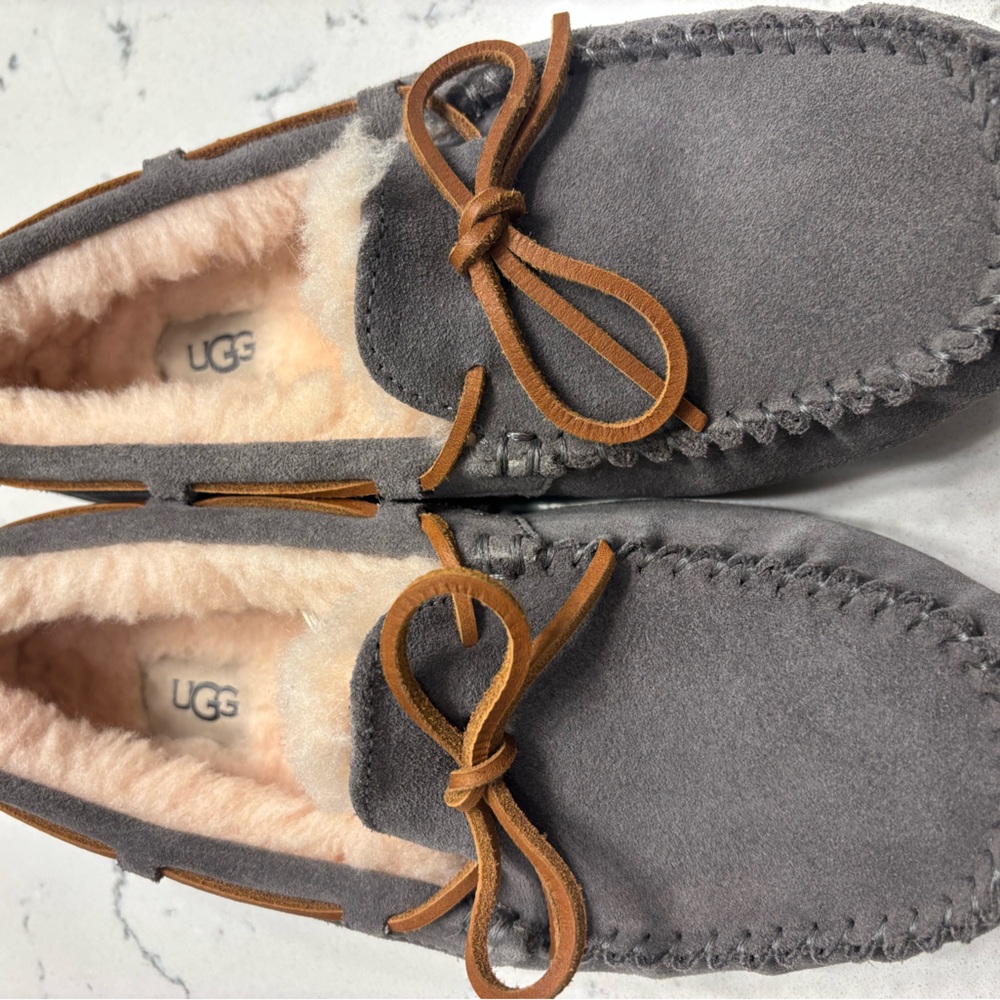 UGG DAKOTA SUEDE LEATHER SHEARLING DRIVING LOAFERS SLIPPERS GREY/Gray Size 8/39